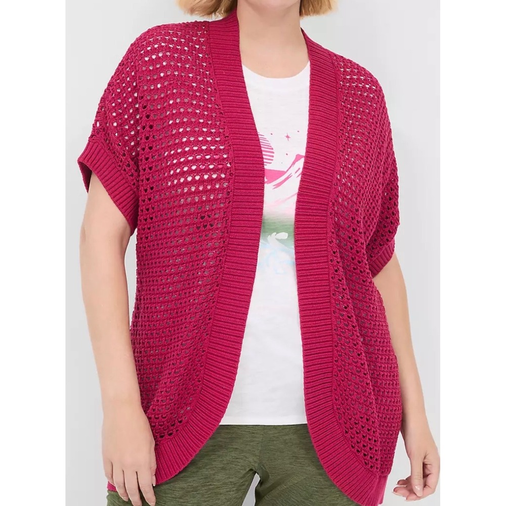 Lane Bryant Pink Open Knit Cotton Cardigan Sweater Plus Size 26/28 A83820 NEW